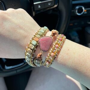 Dark Pink Heart Stone and Multi-Color Natural Stone Wrap Bracelet